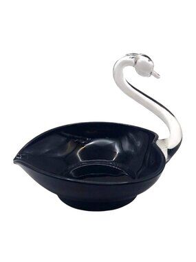 Duncan Miller Glass Swan Black With Crystal Neck Heart Shaped Candy Dish Vintage